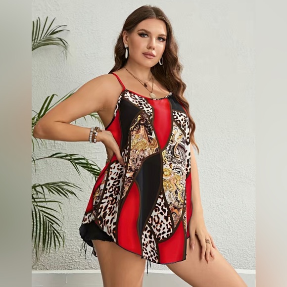 Plus Size Colorblock Leopard Print Curved Hem Cami Top - Picture 3 of 6